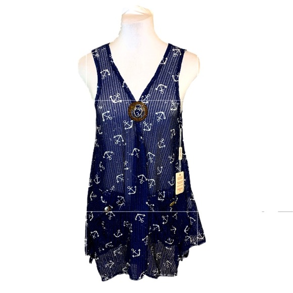 Paradise USA Other - PARADISE Beach Coverup Sleeveless High Low Hem Navy Medium Lrge mesh like fabric